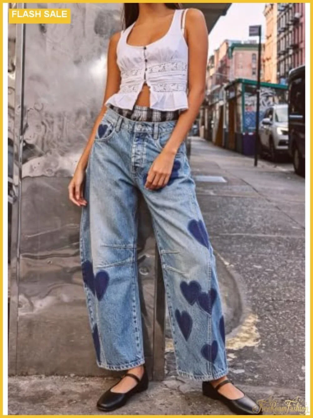 Women Baggy Mid Rise Barrel Jeans Wide Leg Floral Y2k Denim Pants Boyfriend